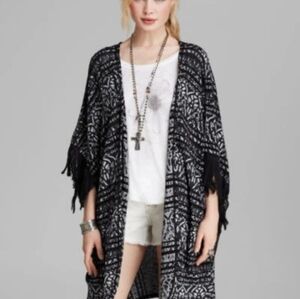 Free People Black White Tapestry Fringe Cardigan